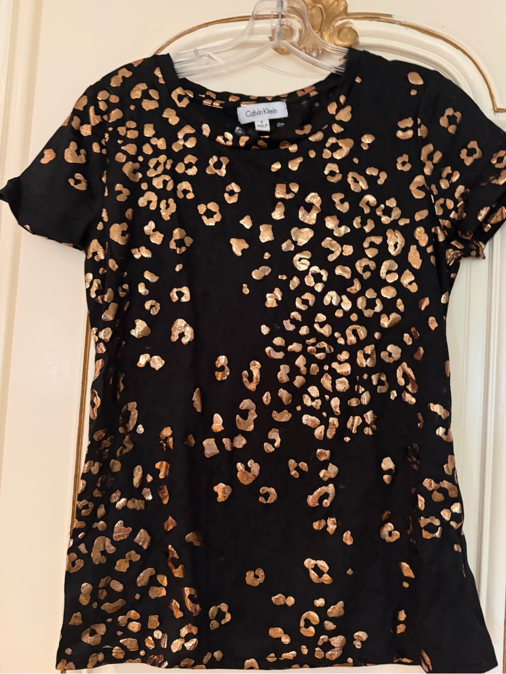 Calvin Klein Black Tee with Metallic Gold Leopard Print size